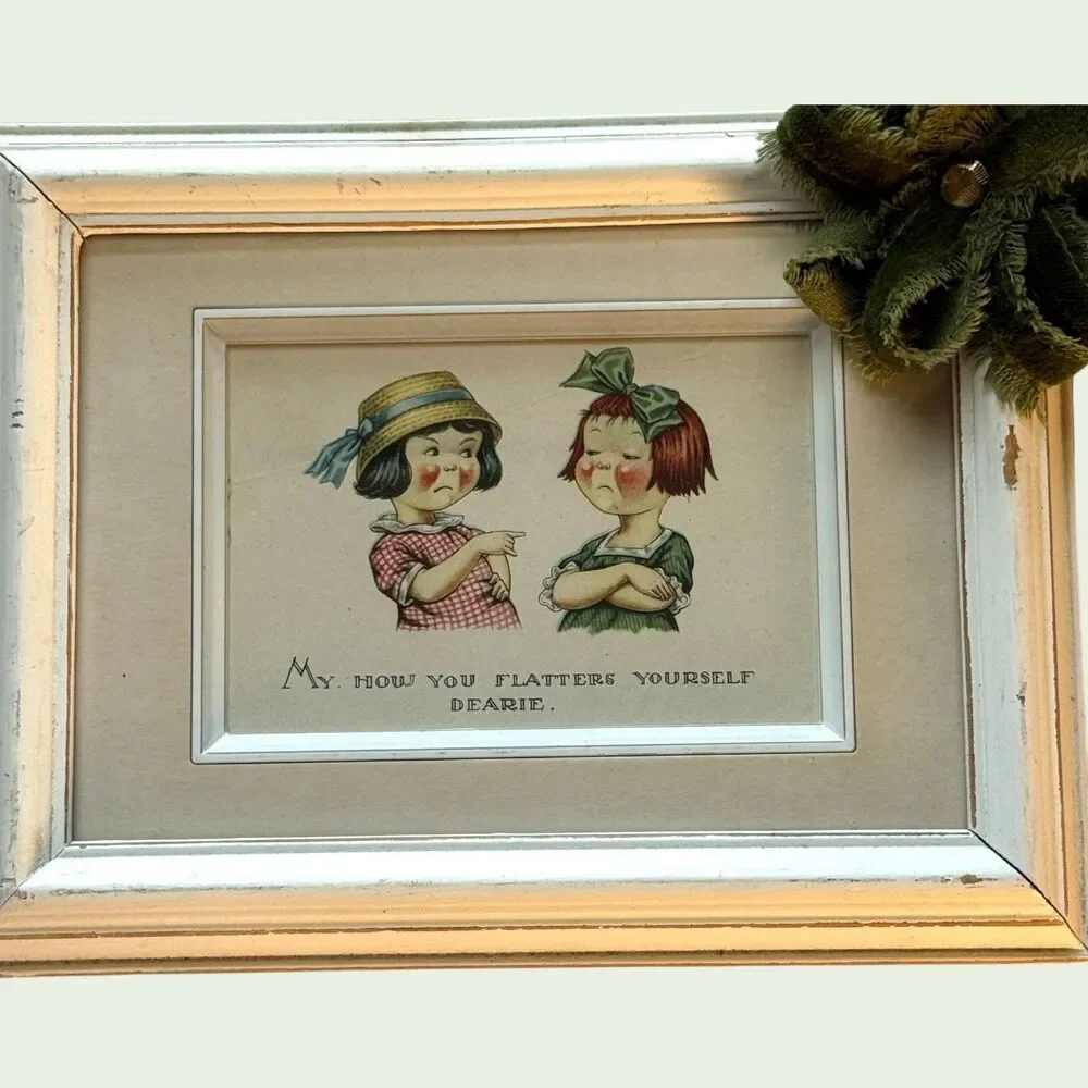 Mid Century Post Card My How your Flatter Yourself Deary Wood Frame w/mat bow